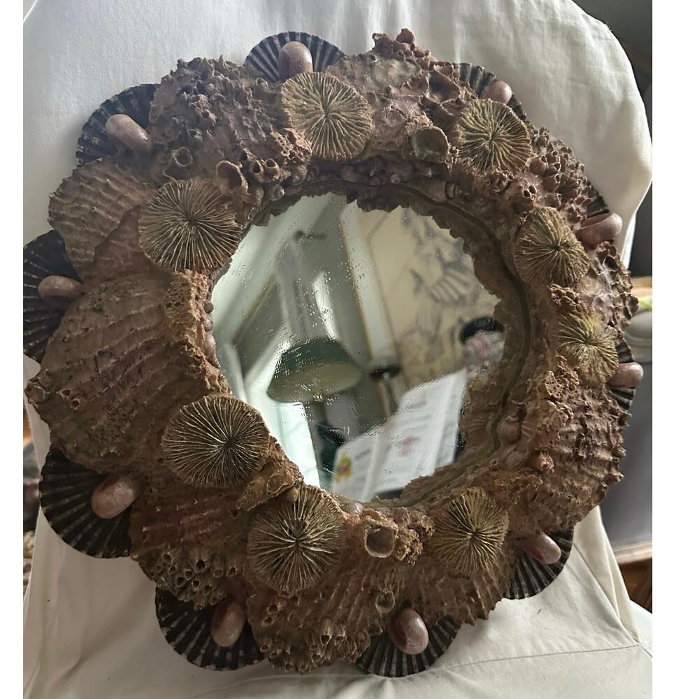 Seashell Mirror Wall Decor 15" Signed '02 Heavy round Hayes Parker